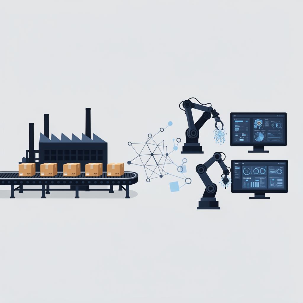 Grafisk illustration af industriel evolution fra samlebånd til AI-styret automatisering